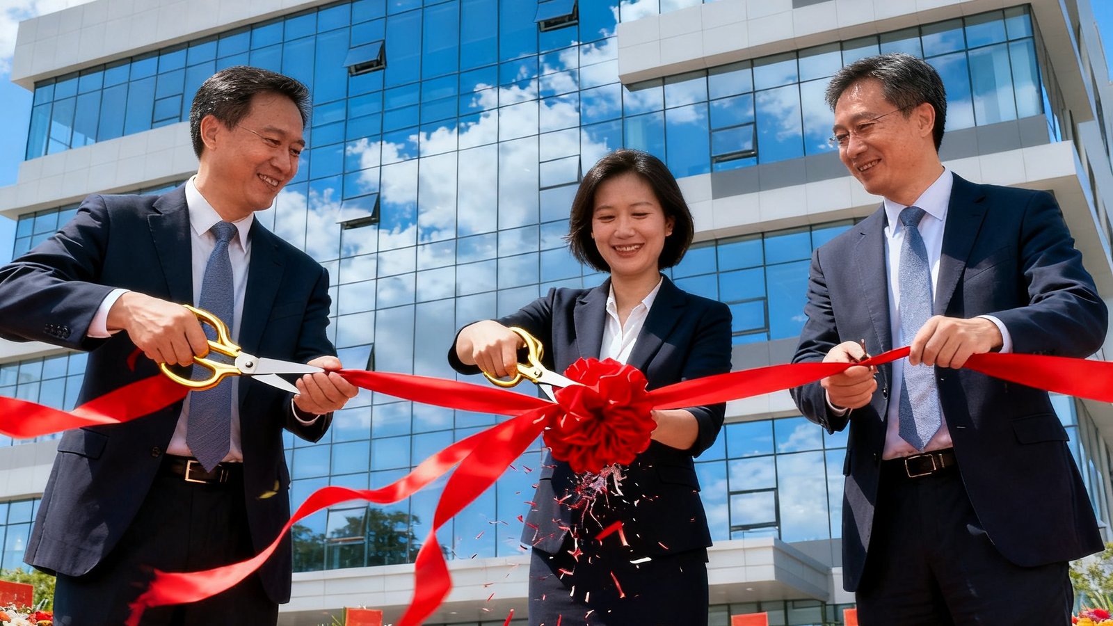 谈球吧苏州研发中心启用剪彩仪式，三位公司高管手持金剪刀共同剪断红绸带，身后是一栋充满现代设计感的六层研发大楼，玻璃幕墙映着蓝天白云，楼前花篮簇拥。