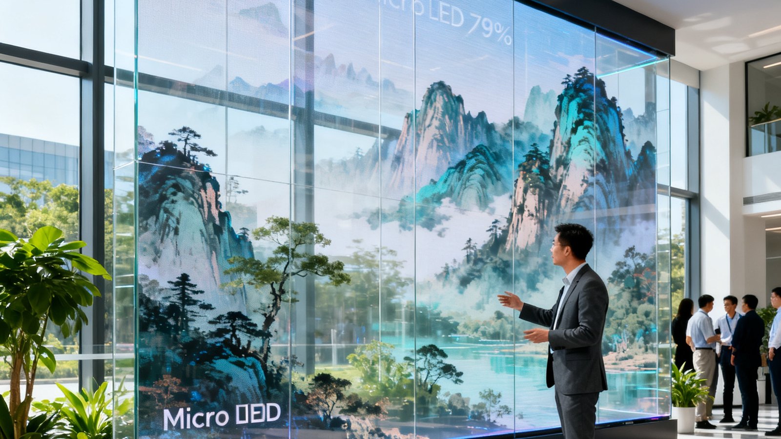 在深圳南山科技园谈球吧总部展厅内，一面高达3米的Micro LED透明显示屏正展示着动态山水画卷，屏幕后方透过78%透光率的玻璃可以清晰看到展厅内的绿植和参观者，一位身着深灰西装的技术讲解员正在向客户介绍产品特性，自然光从侧面落地窗倾泻而入。