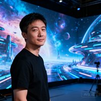 国内知名XR虚拟拍摄导演李思远，一位留着短发、穿着黑色T恤的年轻导演，站在虚拟影棚的LED背景墙前，身后是绚丽的科幻场景。